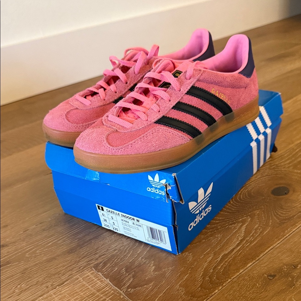 Adidas Gazelle Pink with Black Stripes and purple